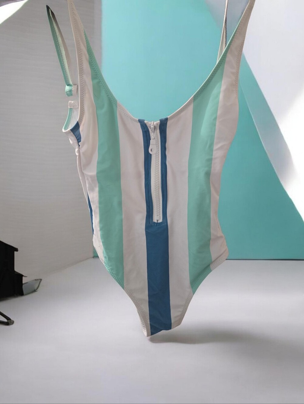 RSVLT Striped One-Piece Swimsuit with Front Zip - Mint, Blue & White